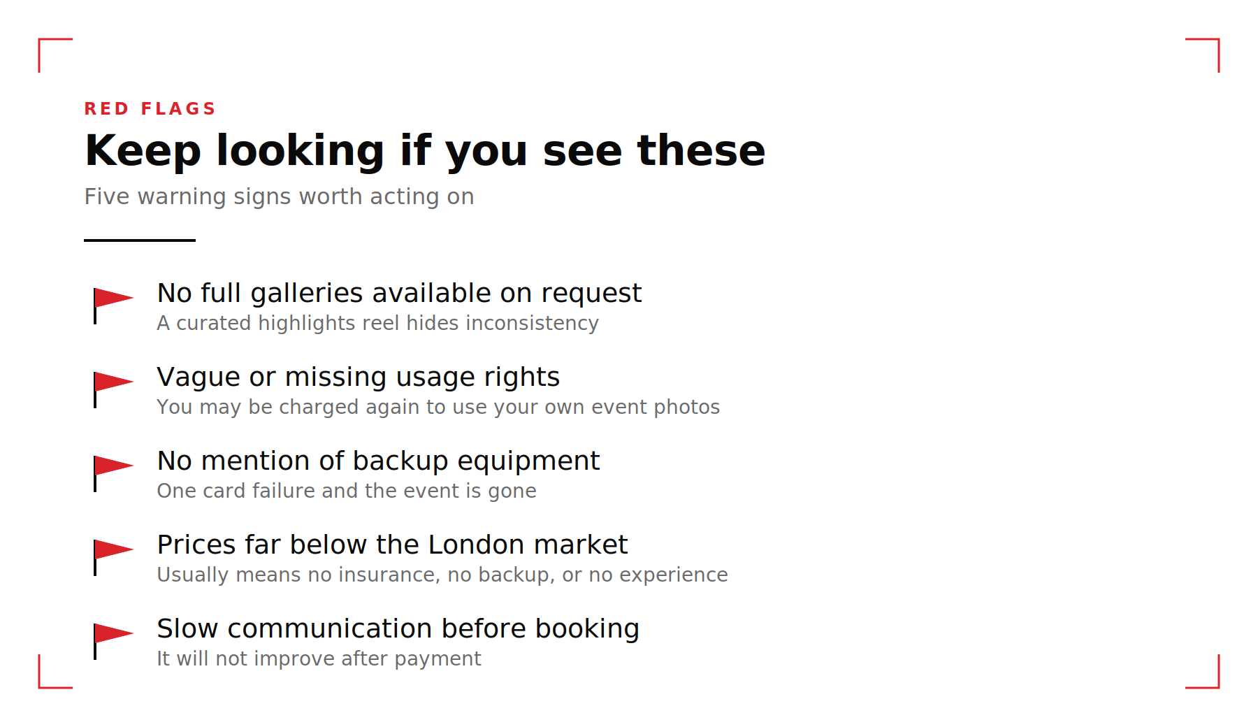 Five red flags when hiring a corporate event photographer: no full galleries available on request, vague or missing usage rights, no mention of backup equipment, prices far below the London market, and slow communication before booking