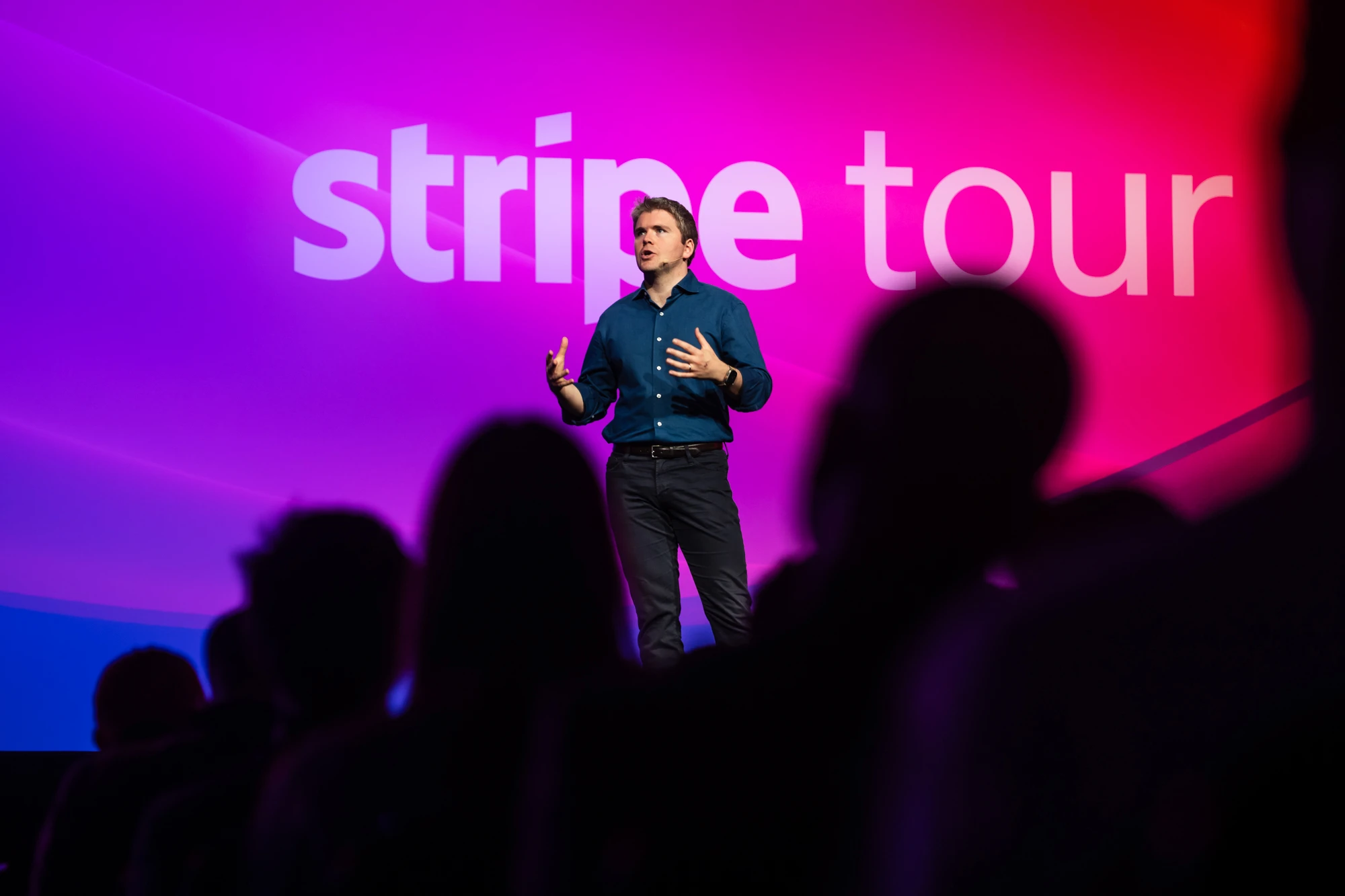 John Collison of Stripe presenting on the keynote stage at Stripe Tour, ExCeL London